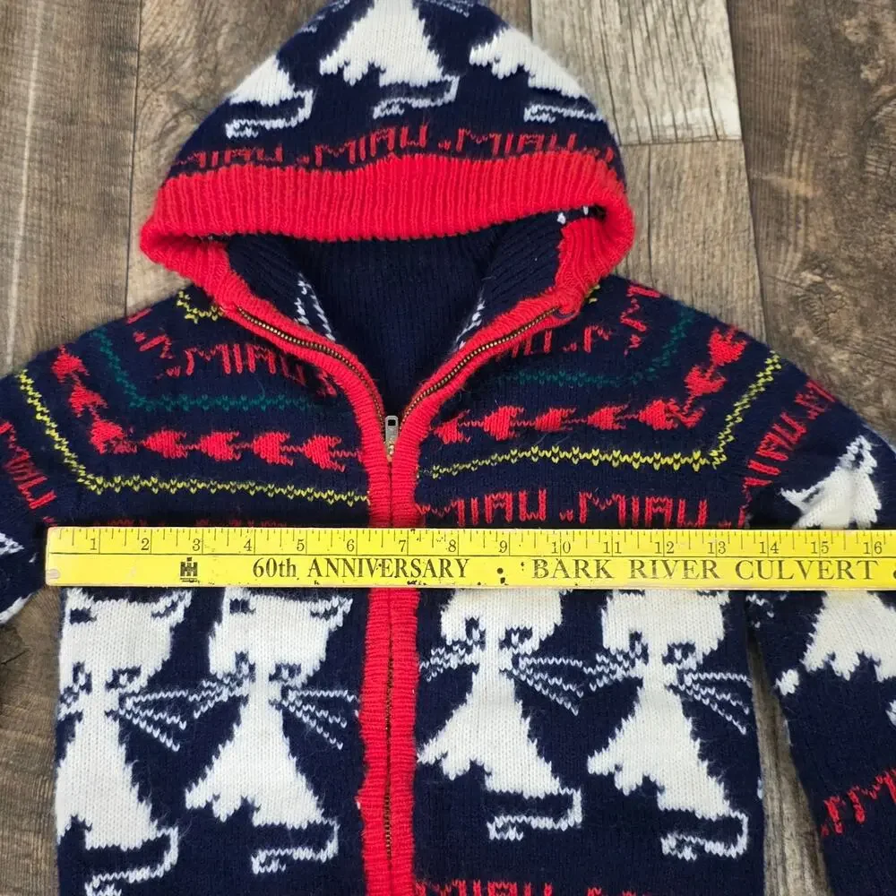 Vintage Kids Reversible Cat Sweater Hoodie Navy Red Zip Cardigan Novelty